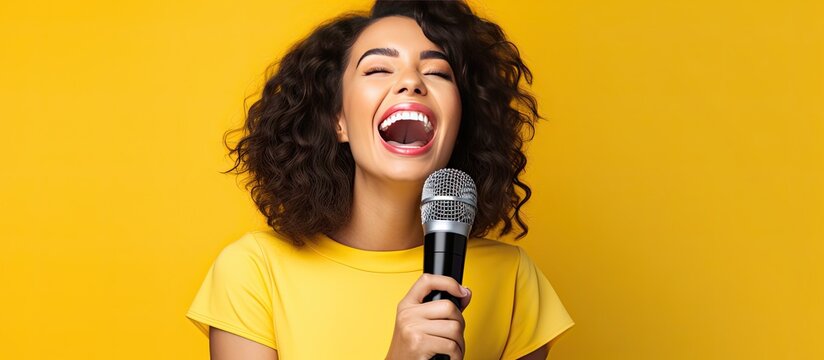 Cheerful woman singing karaoke with microphone on yellow background