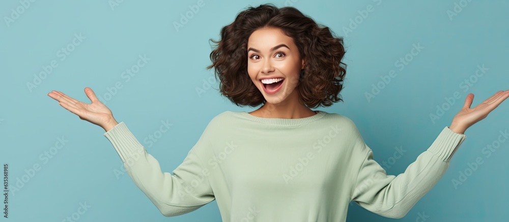 Aufkleber a happy young woman with open hands is pointing and smiling suggesting an advertisement
