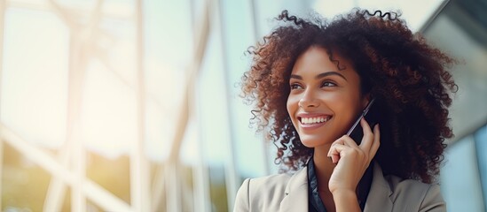 A black businesswoman happily communicating for work in a light office talking on her cellphone and looking aside