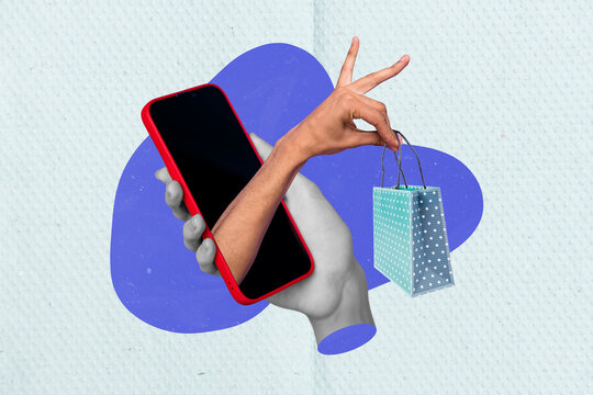 Eshopping concept collage picture artwork black friday online store purchase hand hold bargain smartphone isolated on blue background