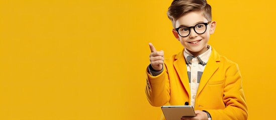 Happy schoolboy with glasses tablet and backpack pointing at empty space on yellow background Educational app for children