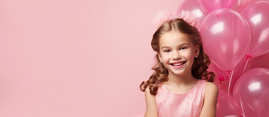 Obraz na płótnie Canvas Smiling girl in princess dress posing with birthday banner in studio