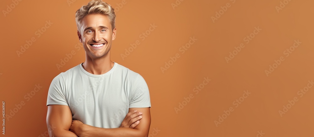 Poster blonde man smiling and satisfied holding or displaying object or concept on blank area