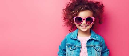 Beautiful girl with trendy hairstyle and pink sunglasses posing in denim jacket against fuchsia background