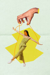 Vertical collage picture of arm fingers hold control tied strings mini dancing girl question mark...