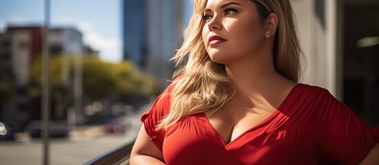 Serious young plus size Latina woman in red outdoors in Puerto Madero Buenos Aires gazing into the...