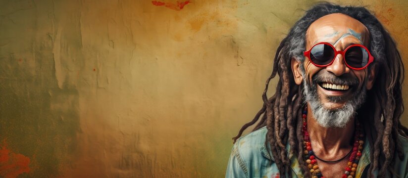 Smiling man resembling a hippie rastaman on grunge background