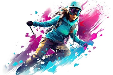 Fototapeta na wymiar Young woman skier in sportswear with snowboard illustration. confident woman riding a snowboard, showcasing her powerful muscles and fluid motion, AI Generated