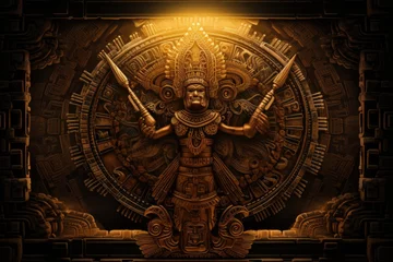 Papier Peint photo Lieu de culte Goddess Durga Face in Hindu Temple, 3D rendering, Mayan deity Mayan, depicted with a powerful ceremonial axe in one hand and a divine symbol in the other, AI Generated