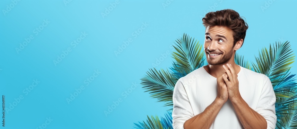 Aufkleber caucasian man on blue background holds copy space on palm with amazed and delighted expression
