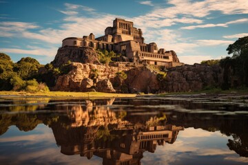 Castle of Castelsardo in Tuscany, Italy. ancient Mayan Mayan temple perched on a cliff overlooking a breathtaking, arid landscape, AI Generated