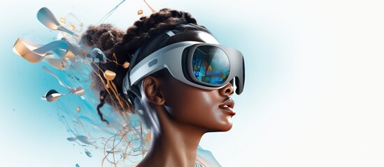Metaverse concept depicted with black woman wearing VR glasses data blocks and empty white background