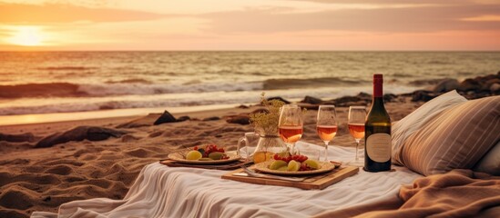 Copy space available for a tender moment as a happy couple enjoys a romantic beach picnic with wine