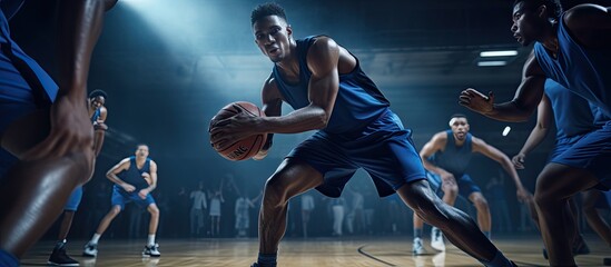 A range of basketball players in blue attire shooting hoops in a gym Sport activity teamwork and lifestyle