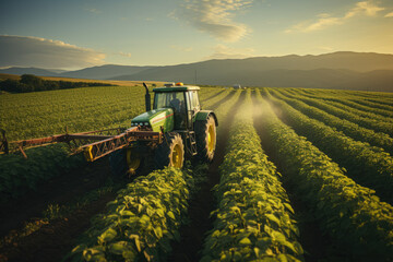 A farmer on a tractor spraying a soybean field at sunset, captured from a drone's perspective....