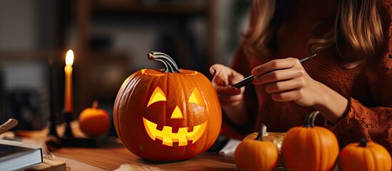 White woman in orange sweater creating content by demonstrating with a black marker how to draw and decorate a Halloween pumpkin focusing on crafts with a