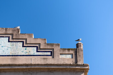 Seagulls resting on the roof of the old building.