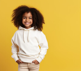 Photo of a little girl wearing blank white hoodie, adorable toddler model standing in front of yellow wall, studio photo, apparel mock-up
