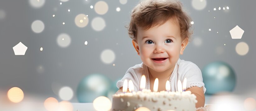 Happy 1 year old boy holding a birthday cake celebrating first birthday