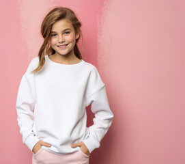 Photo of a teen girl wearing a blank white sweatshirt standing in front of pink wall, apparel mock-up, teenager model
