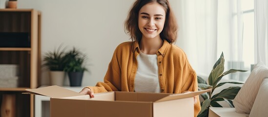 Woman with short hair happily unpacking in cozy bedroom of new home with window and empty space