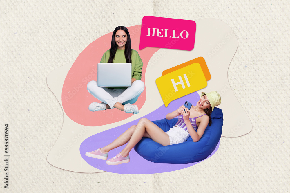 Aufkleber Collage picture of two positive girls use smart phone netbook chatting hello hi message dialogue bubble isolated on paper background