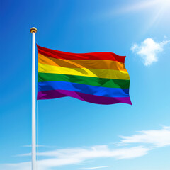 Waving flag of LGBT Pride on sky background.