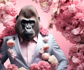 Creative animal concept. Gorilla in smart suit, surrounded in a surreal garden full of blossom flowers floral landscape. advertisement commercial editorial banner card.

