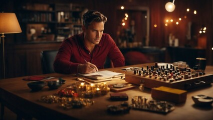 A man playing chess at a table - obrazy, fototapety, plakaty