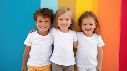 Little children wearing white t-shirts stand together, smile, hug each other, smiling 3 or 5 years old kids, photo for apparel mock-up - obrazy, fototapety, plakaty