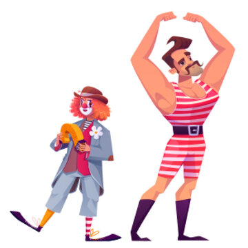 Circus cartoon character - vector carnival or theater artists performing funny show. Clown with painted face, ruddy wig and red nose playing harmonica. Large strongman in striped costume with mustache