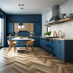 modern kitchen interior design with dark blue wall.