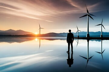 silhouette of a person standing by the lake at sunset