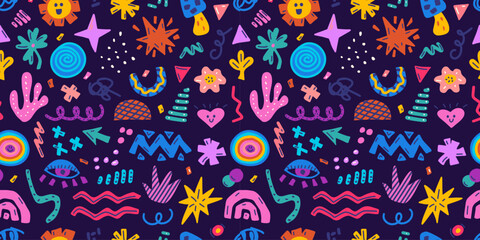 Colorful abstract hand drawn shapes and doodle objects, elements for modern design, vector seamless pattern