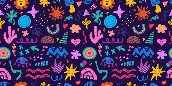 Naklejka Colorful abstract hand drawn shapes and doodle objects, elements for modern design, vector seamless pattern