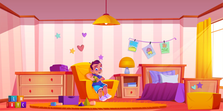 Kids room interior with furniture and toys cartoon vector illustration. Little boy with ball sits in armchair in light bright room decorated by stars and pictures with bed, drawer and large window.