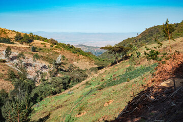 Arican landscape with houses and small scale farms in Mbaeya, Rural Tanzania