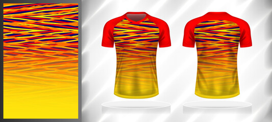 Vector sport pattern design template for V-neck T-shirt front and back with short sleeve view mockup. Red-yellow-orange-blue color abstract line texture background illustration.