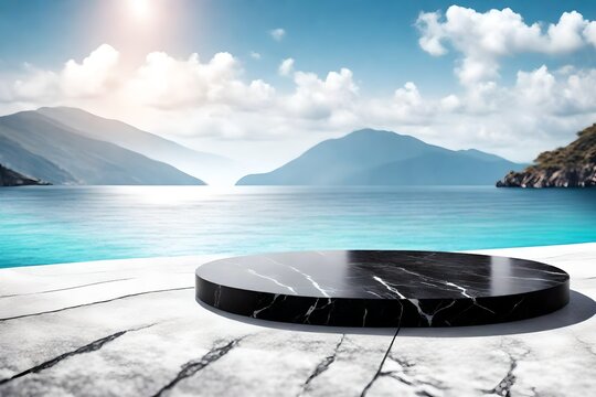 lake in the mountains with round podium crystal like black, Ultra High HD Quality