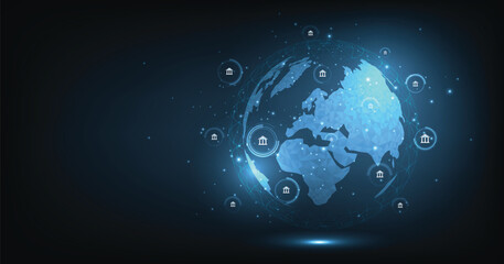 Online banking technology concept.Isometric illustration of the bank on a dark blue background. Digital connect system. Financial technology concept.Vector illustration.EPS 10.