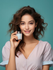 Fototapeta premium Beautiful model holds tube with cosmetic , Beauty skin product , Health Cosmetic Advertisement , Created with Generative Ai Technology