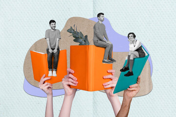 Creative graphics collage image of charming smiling people enjoying reading isolated colorful...