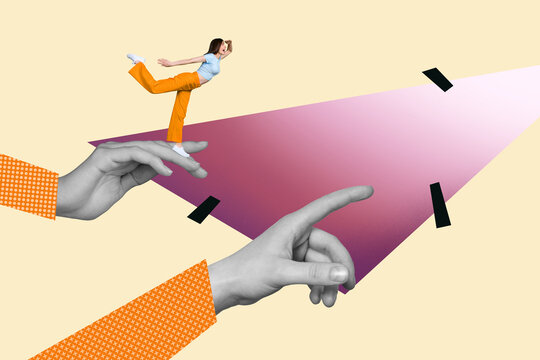 Composite 3d photo collage of purposeful young optimistic girl stand on one leg look forward isolated on creative painted background