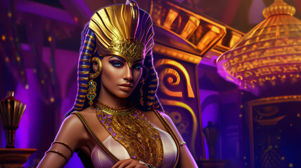 Illustration for casino slot games. Egyptian mythology. Anubis. Golden coins, purple background.