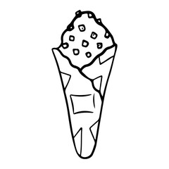 Hand drawn ice cream cone, doodle sundae in waffle. Sketch style vector illustration for cafe menu, card, birthday, decoration.