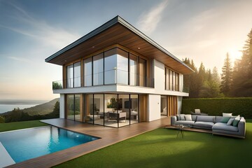 Fototapeta premium Beautiful Luxury Home Exterior with Balcony and Green Grass on Sunny Afternoon