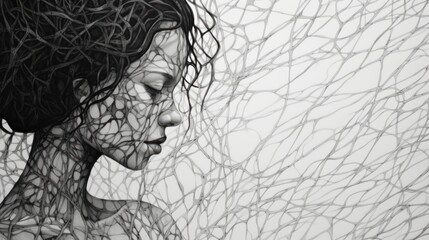 Mind Unraveled: Intricate and tangled lines illustrating the complexity of mental health struggles and the journey towards healing. | generative AI