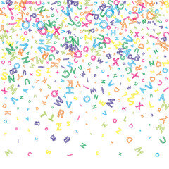 Falling letters of English language. Colorful messy sketch flying words of Latin alphabet. Foreign languages study concept. Vibrant back to school banner on white background.