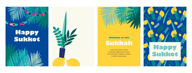 Sukkot set of cards and banner. four spices, traditional symbols, herbs of the etrog, lulav, Arava, Hadas. Arbaat haminim- four species traditional Sukkot symbol. Jewish holiday. greeting card set.