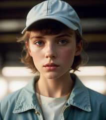 Portrait of a girl in a denim cap and a denim shirt. Generative AI.